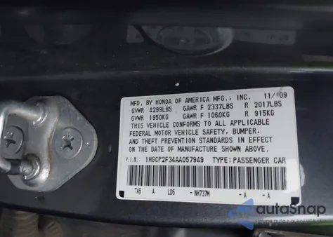 2010 Honda Accord 2.4 Lx from USA, damaged, VIN 1HGCP2F34AA057949